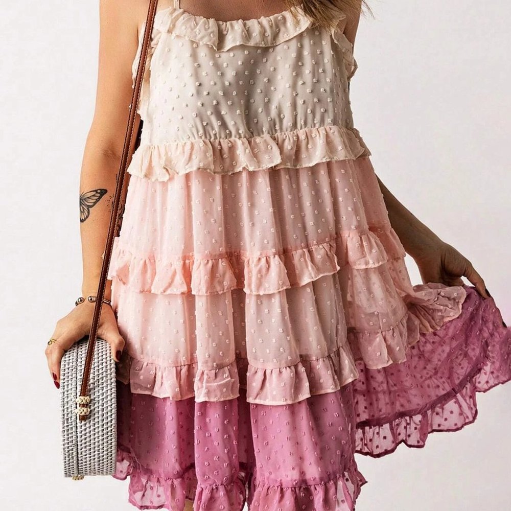 Multicolor Boho Womens Swiss Dot Ruffle Trim Layered Hem Cami Dress - Picture 4 of 5
